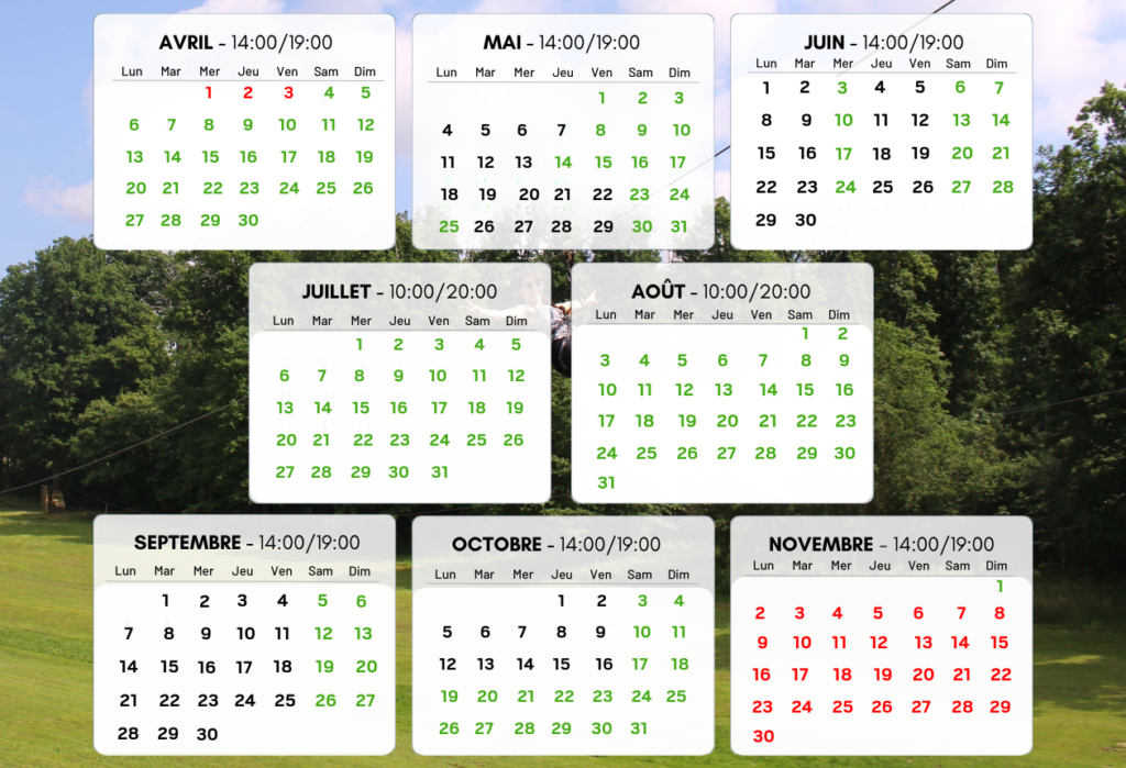 Planning d'ouverture du Parc Aventure de Fontdouce 2026